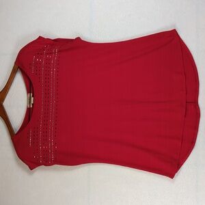 Diana Belle Silver‎ Beaded Vibrant Red Contemporary Shirt L